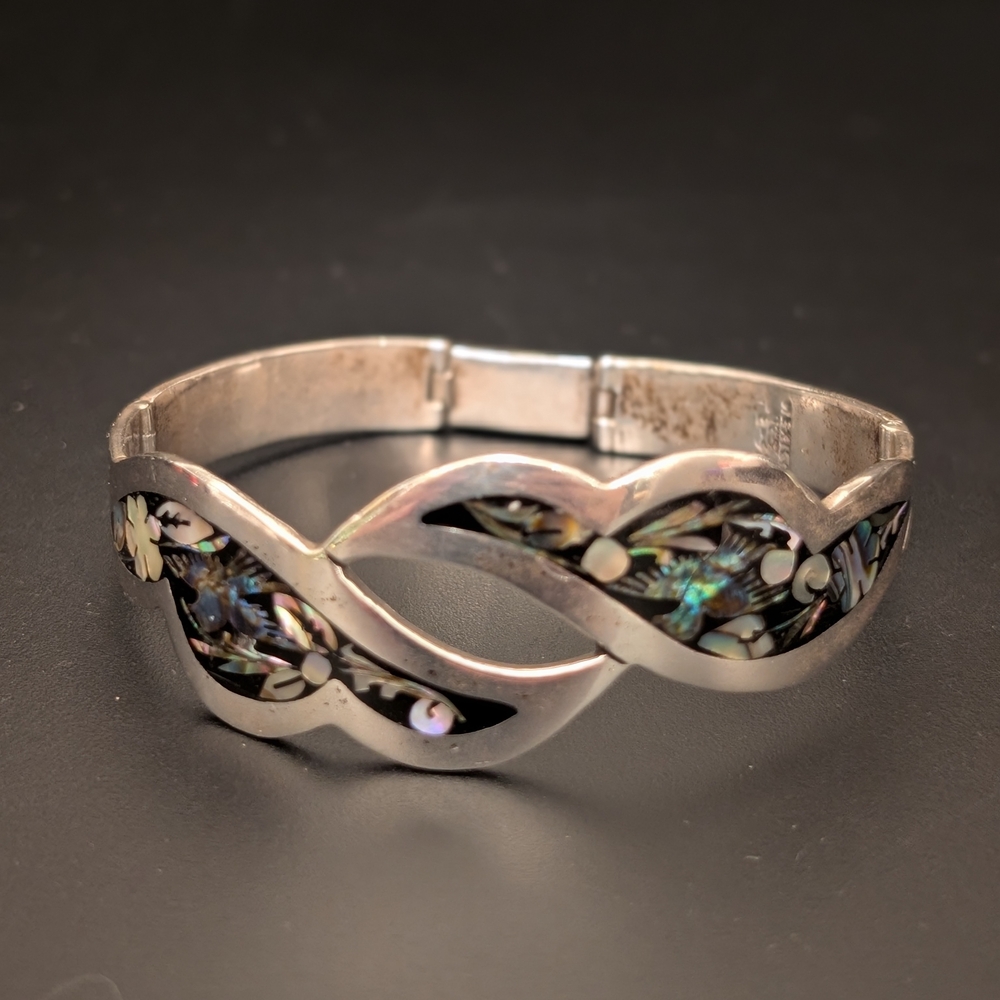 Taxco Mexico 925 Silver Abalone Inlay Bangle Bracelet
